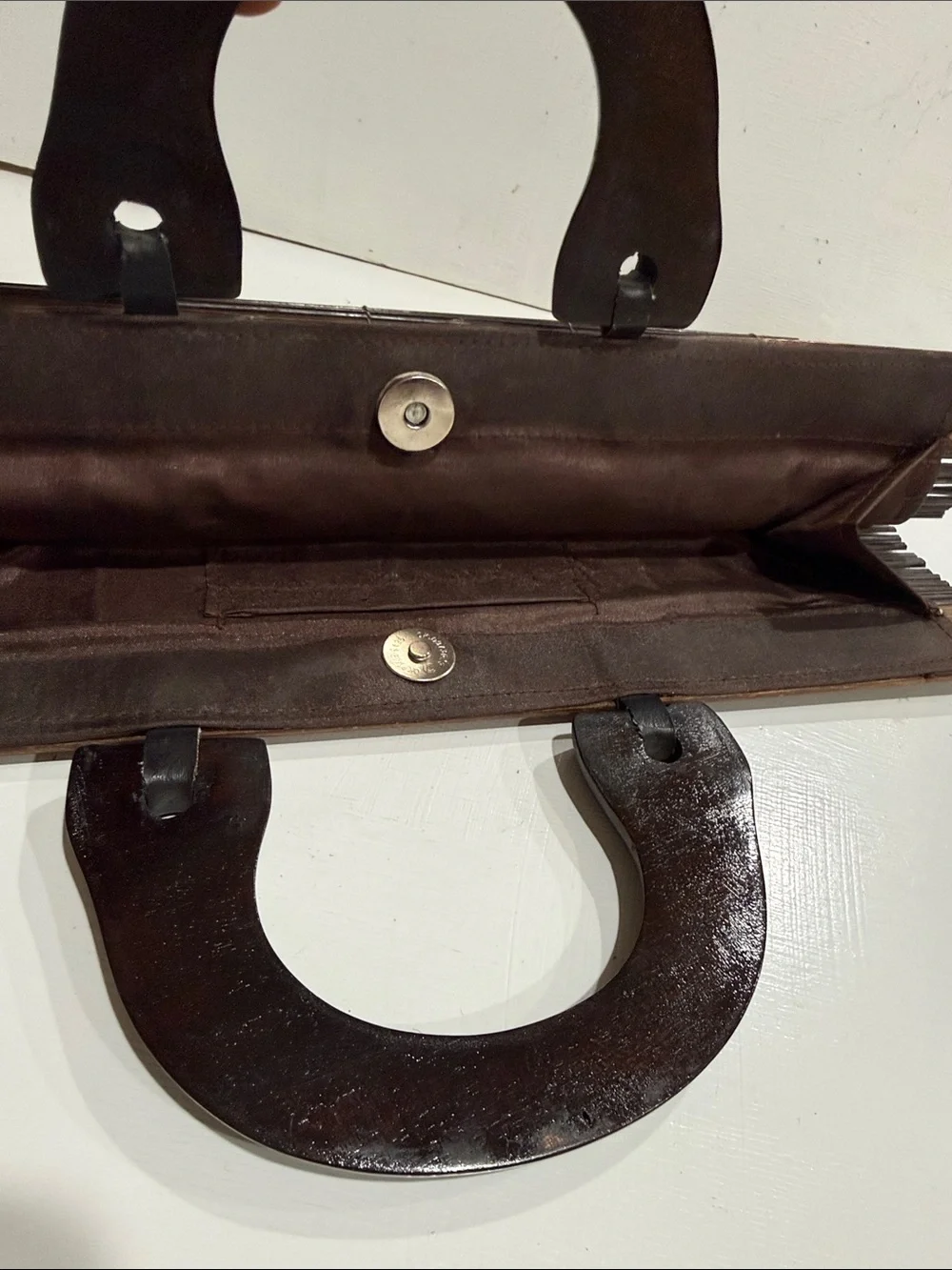 Dark Brown Thin Connected Rolling Bamboo Wood Handle Bag Purse Vintage Unique